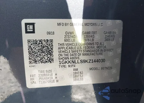 2019 GMC Acadia Sle-2 from USA, damaged, VIN 1GKKNLLS9KZ144030